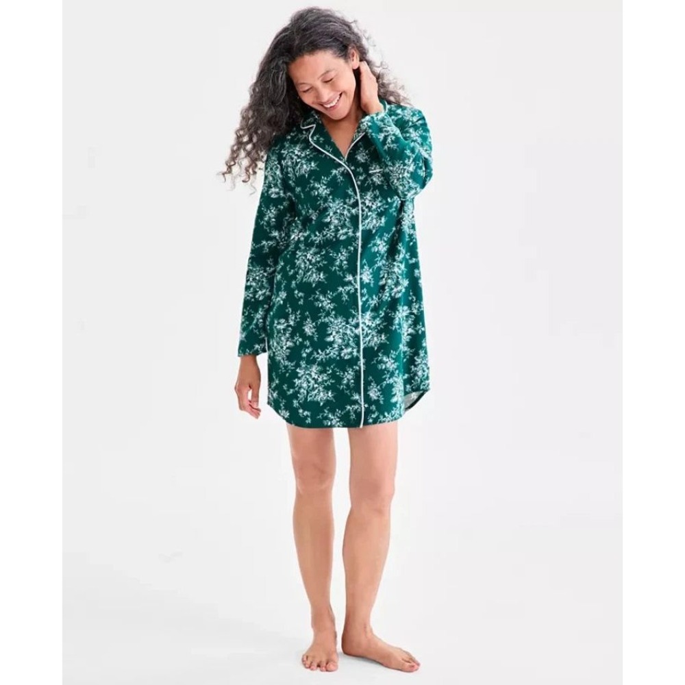 Charter Club Intimates Nightshirt Flannel Green Floral Cotton Button Front NWT L - Picture 2 of 16